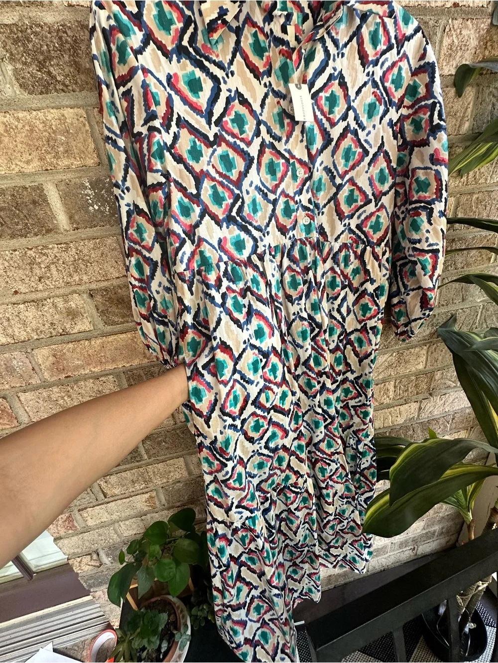 NWT Anthro Midi Dress inGeometric pattern. Button down long sleeve cotton - Picture 6 of 10